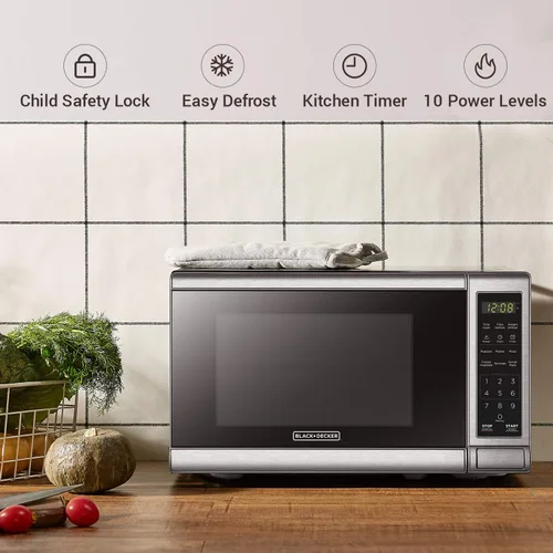 Vista 7 de Nostalgia Horno microondas compacto retro para encimera, 0.7 pies cúbicos y BLACK+DECKER EM720CB7 Horno de microondas digital con puerta giratoria