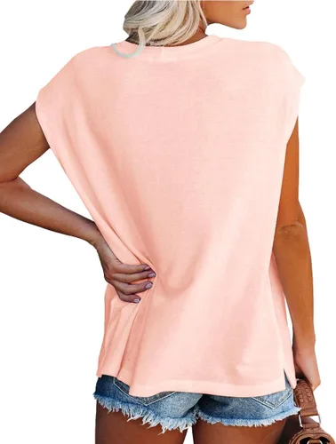 Vista 3 de WMZCYXY Camiseta de verano para mujer, sin mangas, cuello redondo, casual, holgada, con bolsillo