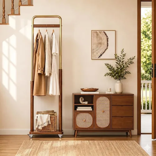 Vista 6 de Brand Perchero de madera maciza con ruedas independiente, entrada dormitorio sala de estar, combinación de madera de metal, ropa ropa bufanda