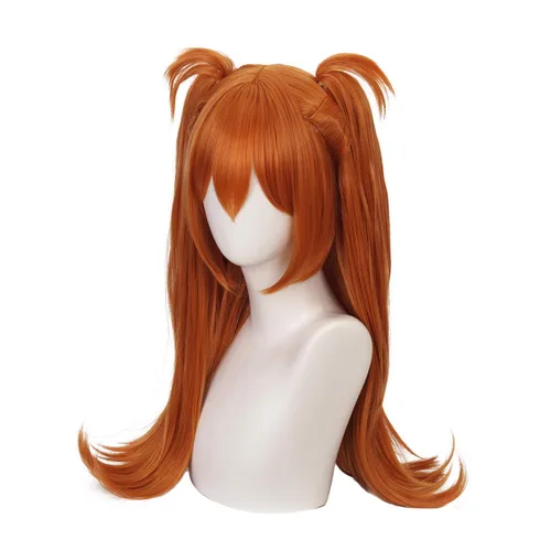 Vista 3 de Qiancoshair Anime Asuka Langley Soryu Peluca larga naranja Cosplay peluca con clip en doble cola de caballo mujeres niñas partido Pelucas