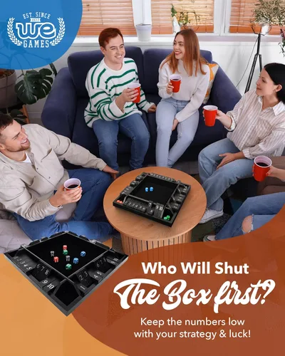 Vista 2 de WE Games Juego de mesa Shut The Box de madera para 4 jugadores - 10 fichas con números y 8 dados - Madera teñida negra de gran tamaño, acabado de 14