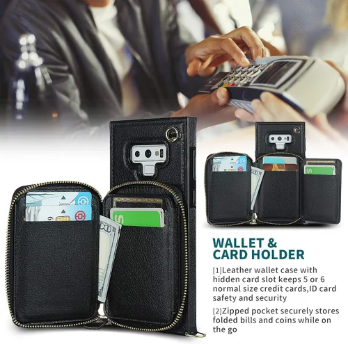 Vista 4 de Asuwish Funda de teléfono para Samsung Galaxy Note 9 con protector de pantalla de vidrio templado y soporte para tarjetas con cremallera, soporte