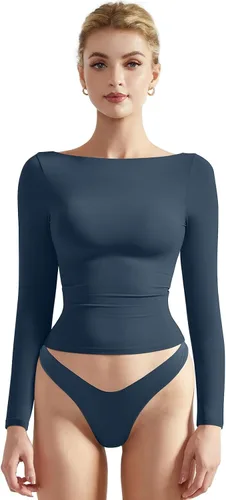 Vista 20 de SUUKSESS Camiseta de mujer con cuello redondo, manga larga, doblemente forrada, ajustada y corta Negro