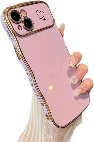Vista 22 de ZTOFERA Funda para iPhone 11 de 6.1 pulgadas, bonita funda con marco ondulado rizado con patrón de corazón de amor, borde chapado de lujo