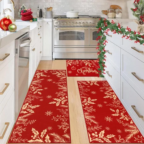 Vista 6 de Pauwer Juego de 3 alfombras de cocina de Navidad, tapetes de cocina con flores de Navidad, alfombras y tapetes de cocina antideslizantes y lavables