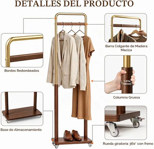 Vista 4 de Taitiy Perchero de madera maciza con ruedas, independiente para entrada