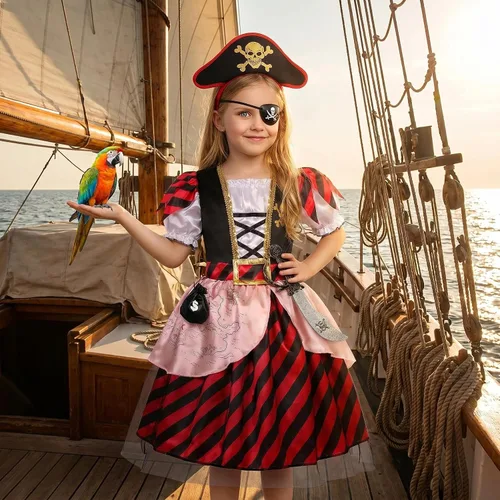 Vista 3 de Disfraz de princesa pirata de lujo para niñas, disfraz de bucanero para fiesta de Halloween