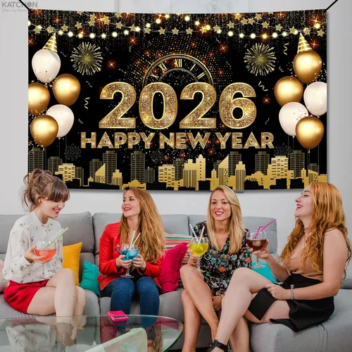 Vista 5 de Katchon, Xtralarge - Cartel de feliz año nuevo – 72 x 44 pulgadas Cartel dorado de feliz año nuevo 2026 para decoraciones de Año Nuevo 2026
