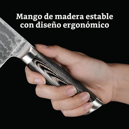 Vista 5 de NANFANG BROTHERS Cuchillo Damasco Nakiri, cuchillo de cocina profesional de 7 pulgadas con mango ergonómico de madera antideslizante, japonés