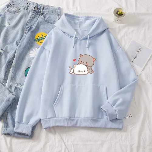 Vista 2 de Sudadera con capucha de algodón con estampado de gato lindo kawaii para mujer