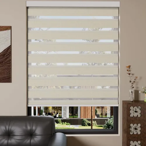 Vista 24 de MYshade Persianas enrollables de cebra opacas (85 %) con cordón para ventanas interiores, persianas de doble capa beige para dormitorio, baño, sala