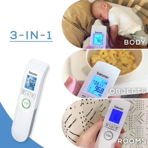 Vista 3 de Beurer Termómetro Bluetooth sin contacto, frente, objeto, temperatura ambiente, alta precisión, pantalla iluminada azul XL, 60 espacios de memoria