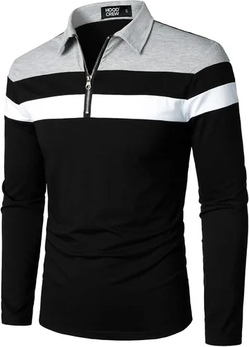 Vista 2 de HOOD CREW Camisa polo de manga larga para hombre casual ajustada de contraste de retazos de algodón