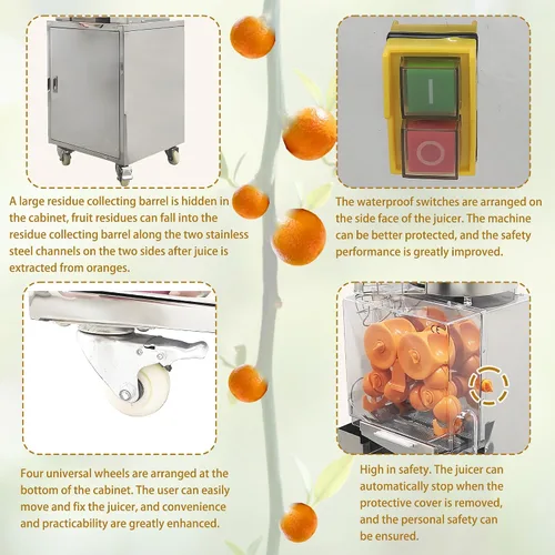 Vista 5 de Exprimidor de naranja comercial 110 V Vertical Orange Juice Extractor Machine Citrus Lemon Squeezer 20PCS/Min, con gabinete de acero inoxidable