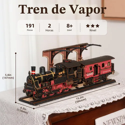 Vista 3 de ROBOTIME - Rompecabezas 3D para adultos, kit de modelo de tren steampunk de madera para armar, kit de bricolaje, juguete de madera, hobby, regalo