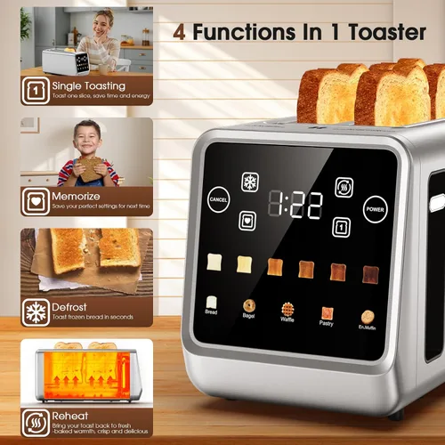 Vista 6 de Tostadora de 4 rebanadas de ranura larga para bagels y pan artesanal, pantalla táctil inteligente digital con función de memoria y modos de una sola