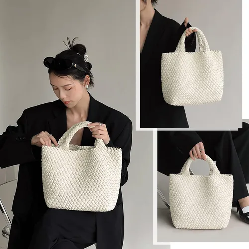 Vista 2 de KALIDI Bolso de playa de mano de paja Bolso de hombro a rayas cosido PU mango de cuero Zippe Viaje Compras Picnic