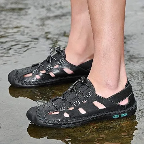Vista 6 de DZUJY Sandalias Hombre Pantuflas para hombres Chanclas para hombre Zapatos de verano con punta cerrada de cuero transpirable al aire libre Zapatos