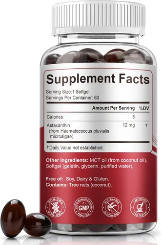 Vista 2 de BEWORD Astaxantina 12 mg con aceite MCT, 60/120 cápsulas blandas, suministro para 2 meses Suplementos antioxidantes premium Microalgas
