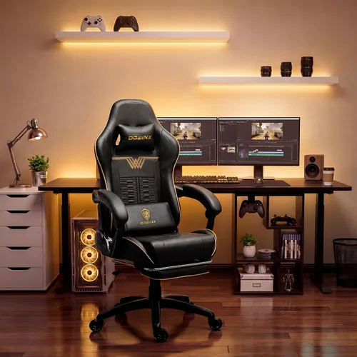 Vista 3 de Dowinx - Silla de juegos grande y alta, 350 libras con reposapiés lumbar de masaje Negro