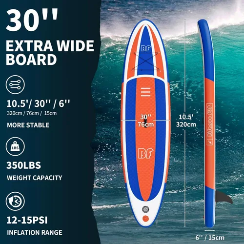 Vista 3 de Bifanuo Inflatable Stand Up Paddle Board with SUP Accessories & Backpack. Paddle Boards for Adults. Non-Slip Deck, Wide Stance, Bottom Fin, Double