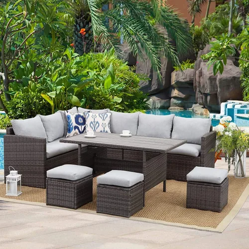 Vista 12 de Wisteria Lane Juego de muebles de patio de 7 piezas, juego de comedor de mimbre con respaldo alto y curvo, para todo tipo de clima, muebles de Gris