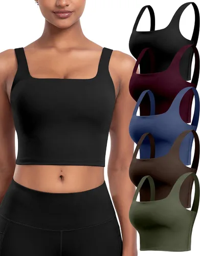 Vista 15 de Sujetadores deportivos para mujer, paquete de 5 unidades, cuello cuadrado, camiseta corta sin mangas acolchada para yoga con almohadillas integradas