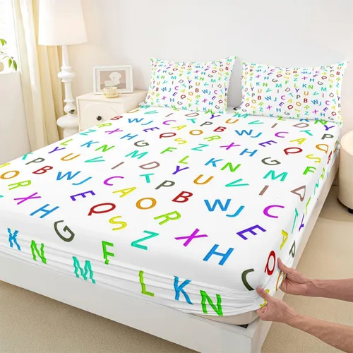 Vista 8 de Feelyou Juego de ropa de cama con alfabeto 3D, juego de sábanas coloridas del alfabeto inglés para niños y adultos, sábanas de dibujos animados