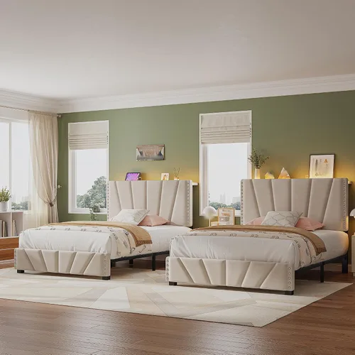 Vista 6 de EnHomee Base de cama de plataforma individual con cabecera ajustable tapizada de terciopelo, luces LED y estación de carga para dormitorio, Beige