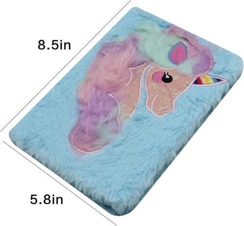 Vista 3 de BOLLEY JOSS Cuaderno de unicornio arcoíris para niños, diario de felpa para niñas y adolescentes, bloc de escritura con forro A5, 160 páginas