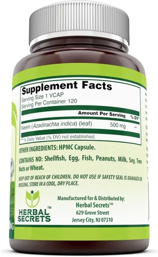 Vista 2 de Herbal Secrets Suplemento de neem (sin OGM) promueve la purificación de la sangre, promueve la inmunidad saludable y promueve la salud de la piel*