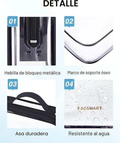 Vista 4 de BAGSMART Neceser transparente con asa, paquete de 2 unidades, aprobado por Negro Absoluto