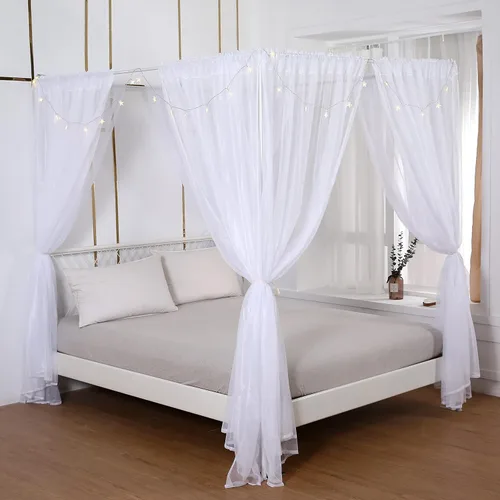 Vista 14 de Akiky Cortinas de Cama con Dosel con Luces de 4 Postes Esquineros para Adultos y Niñas, Cortinas de Cama con Red de Arcoíris - 8 Paneles