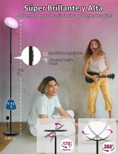 Vista 6 de YHW Lámpara de Pie LED RGB Inteligente Funciona con Alexa Google Home, Luz de Pie Alta Moderna con Control Remoto WiFi, Súper Brillante 2000LM