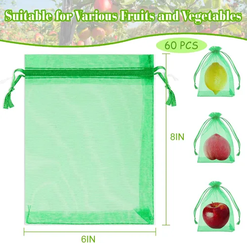 Vista 2 de Morcheiong 60 bolsas de protección de frutas de 6 x 8 pulgadas, bolsas reutilizables de red de frutas para árboles frutales, bolsas de malla de red