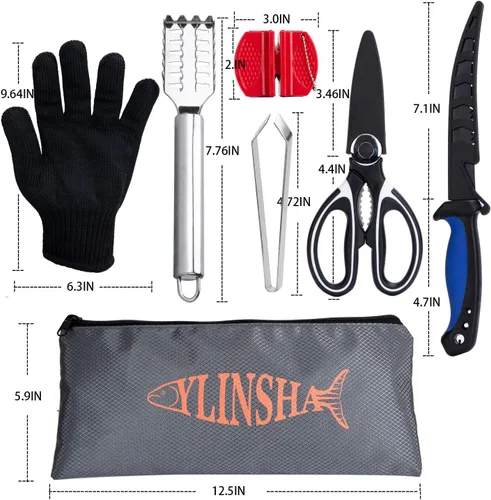 Vista 2 de Cuchillo de pesca, kit de limpieza de peces 7 piezas cuchillo de pescado, cepillo de limpieza de escamas de pescado, tijeras multifuncionales
