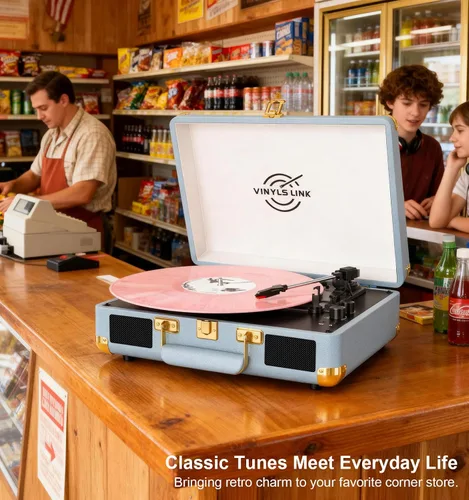 Vista 2 de VINYLSLINK Reproductor de discos de vinilo con Bluetooth, tocadiscos portátil de 3 velocidades con control de agudos y graves, altavoces estéreo