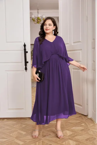 Vista 6 de Hanna Nikole Vestido de fiesta de noche de gasa con cuello en V para mujer, talla grande, manga capa, maxi vestidos para invitados de boda