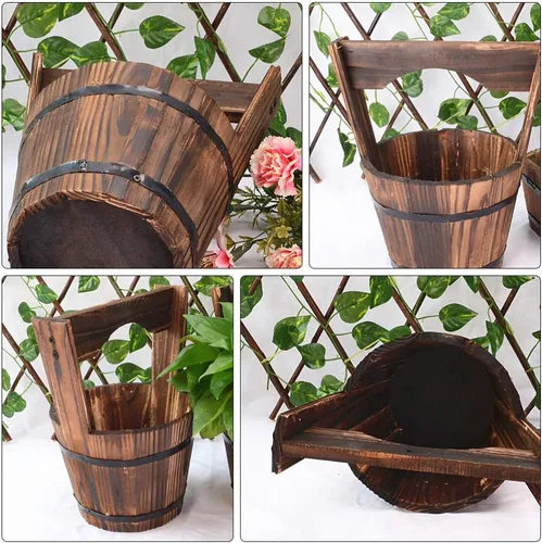 Vista 7 de DOITOOL Macetas colgantes rústicas de madera, maceta colgante de cubo rústico de madera para deseos, maceta para suculentas, maceta para patio