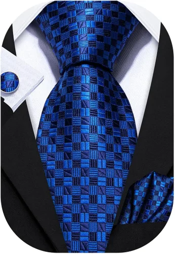 Vista 108 de Barry.Wang Juego de corbatas a cuadros para hombre con pañuelo gemelos de rayas clásicas