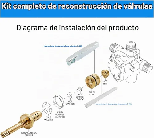 Vista 2 de Kit completo de reconstrucción de válvulas compatible con válvula Temptrol Symmons, reemplazo para cartucho (TA-10), asientos (TA-4) y herramientas
