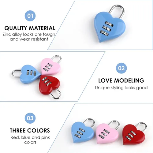 Vista 3 de 3 cerraduras pequeñas en forma de corazón, bonita cerradura de combinación para mujeres y niñas, seguridad sin llave para mochilas, taquillas