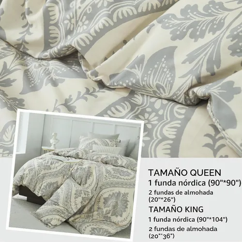 Vista 4 de Bedduvit Juego de funda de edredón de algodón, tamaño Queen, damasco, estampado de cachemira, transpirable, minimalista, con estampado de damasco