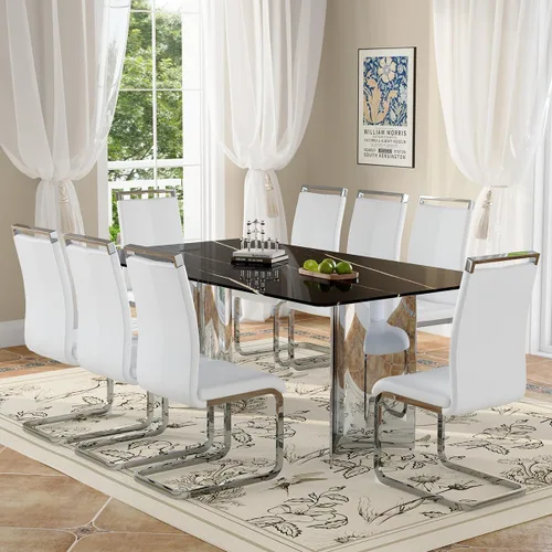 Vista 22 de Juego de mesa de comedor moderno para mesa de comedor de cristal de 6, 7 piezas, mesa de mármol sintético de 71 pulgadas con base de acero