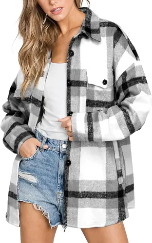 Vista 22 de Beaully Chaqueta-Camisa de Franela a Cuadros para Mujer, Trajes de Otoño 2025, Camisa de Manga Larga con Botones, Chaqueta Abrigo con Bolsillos Negro
