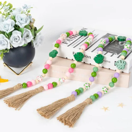 Vista 3 de 188 cuentas de madera estilo hawaiano de verano con hojas de palmera tropicales y cactus rosa, morado, verde, cuentas rústicas de granja con 65.6