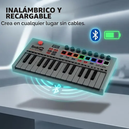 Vista 2 de RockJam RJMK25 Controlador de teclado MIDI USB de 25 teclas con almohadillas de tambor Rechargeable USB MIDI controller with 25 velocity sensitive