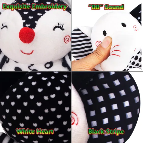 Vista 4 de D-KINGCHY Juguetes para bebés de 0 a 12 meses, juguetes para recién nacidos en blanco y negro, juguete de peluche suave con mordedor y sonido