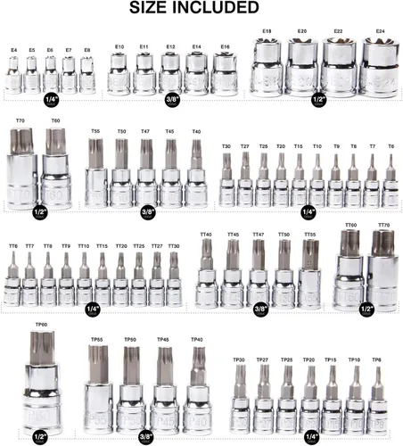 Vista 2 de CASOMAN Master Torx Bit Socket y Torx externo juego de 60 piezas, acero S2 y Cr-V, E4-E24, T6-T70, TT6-TT70, TP8-TP60