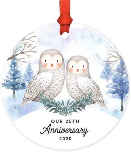 Vista 48 de Andaz Press Adorno redondo de recuerdo de Navidad, nuestro 10 aniversario 2025, búhos de nieve de invierno en acuarela, 1 paquete, incluye cinta